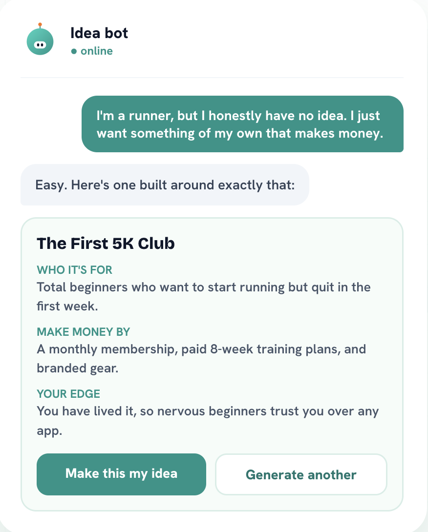 Bizby app screen showing the idea chat